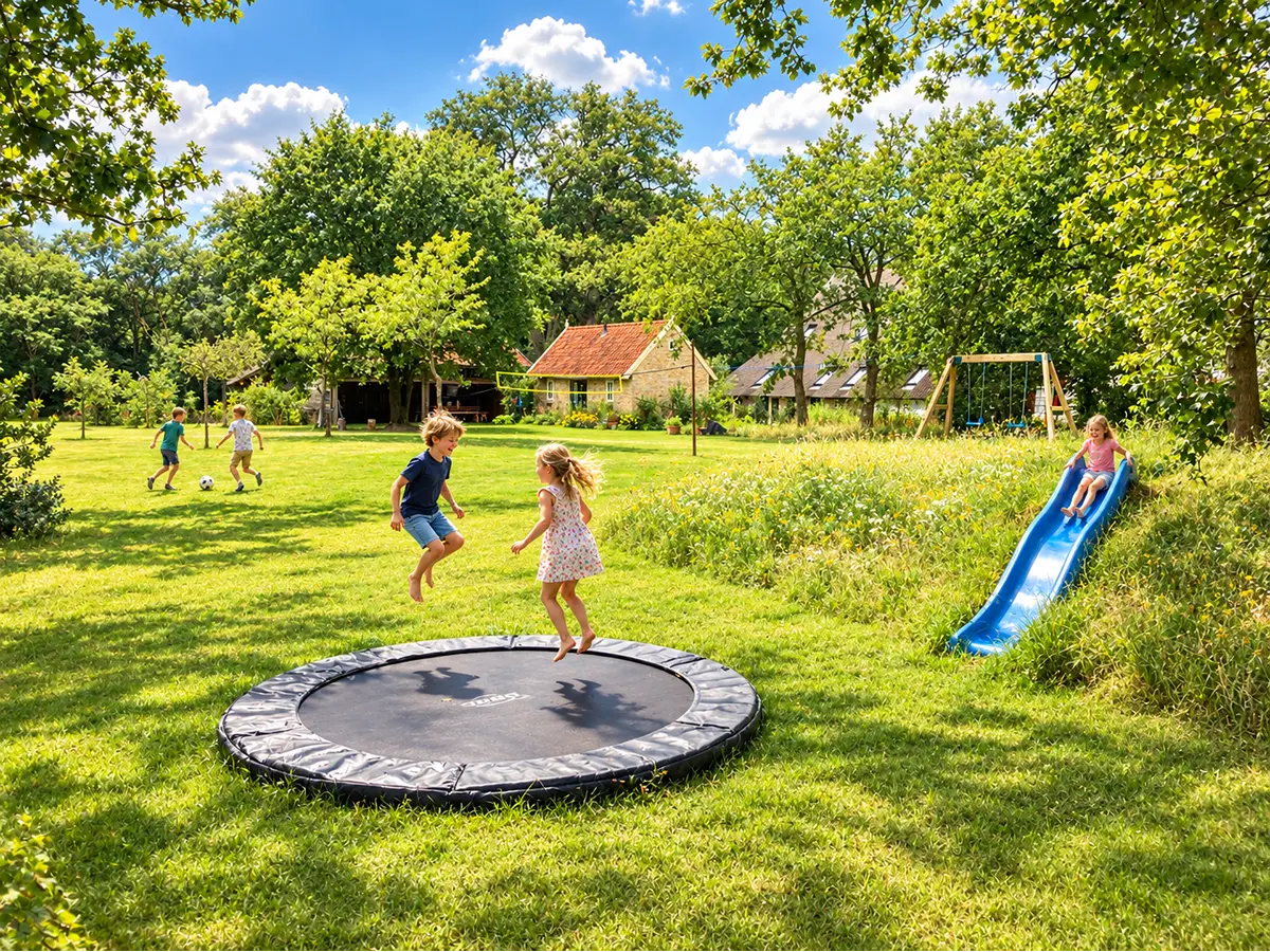 Groot erf met speelmogelijkheden voor de kinderen De Boerderij Voor Groepen, kindvriendelijke familieboerderij met groot privé erf